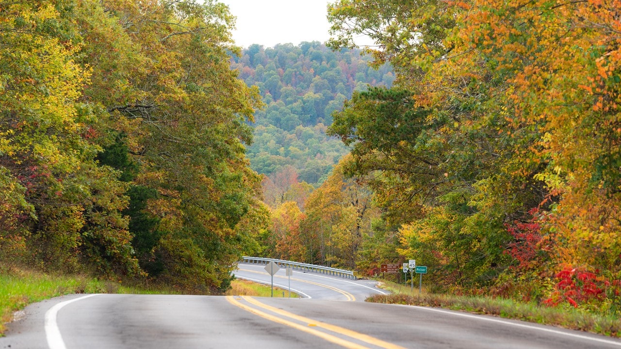 The Scenic 7 Byway in Arkansas passes through the Ozark and Ouachita Mountains.