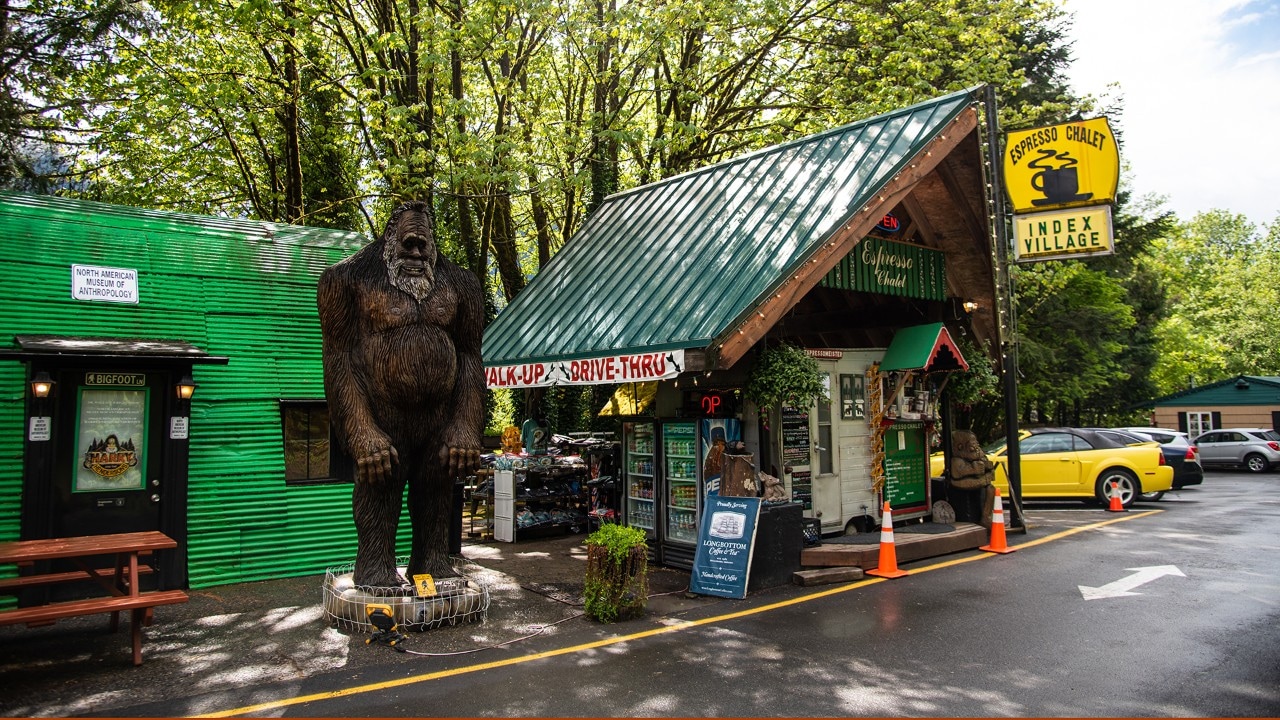The Espresso Chalet along Highway 2 features caffeine fixes and Bigfoot souvenirs. 