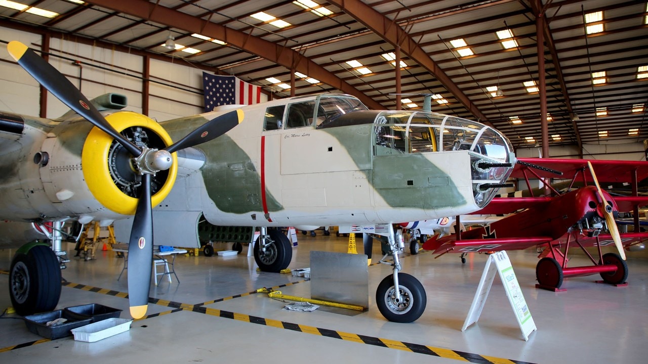 A B25J Mitchell (left) and a Fokker Dr.1 are part of the collection.
