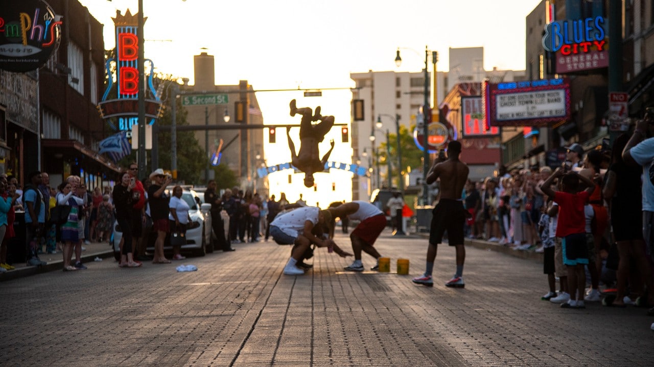 The Beale Street Flippers entertain crowds with their acrobatic artistry in Memphis.