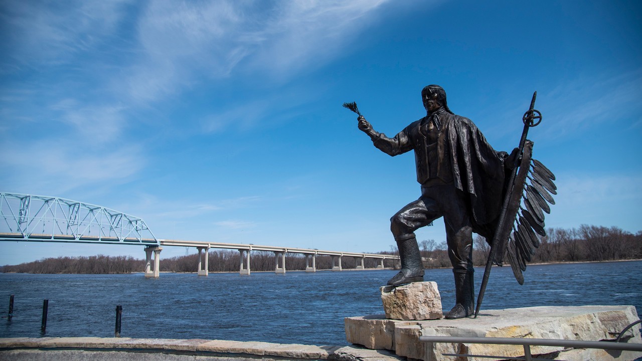A statue of Chief Wapasha II, for whom the city of Wabasha, Minnesota, is named, stands near the Mississippi River.