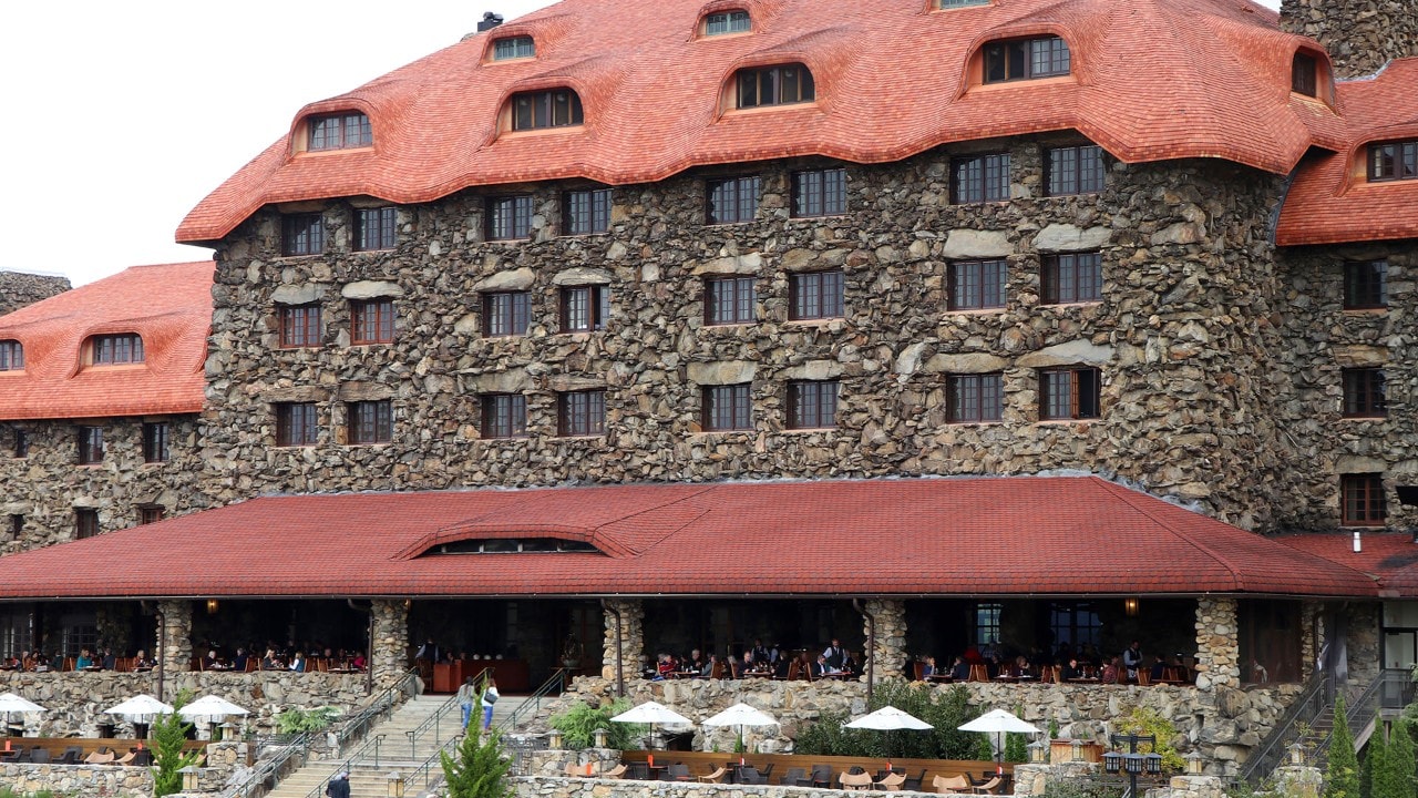 The historic Omni Grove Park Inn sits on a mountainside overlooking Asheville.