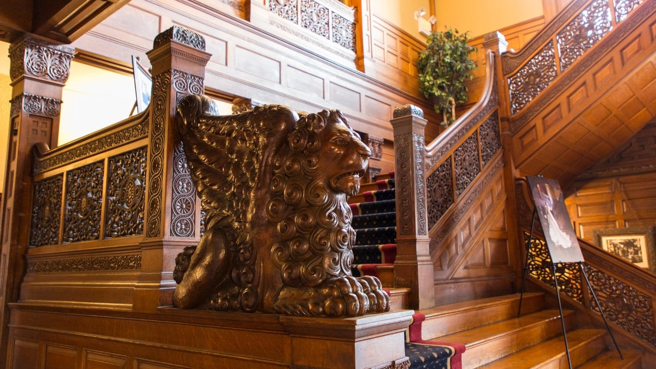 A stairway at Tippecanoe Place Mansion