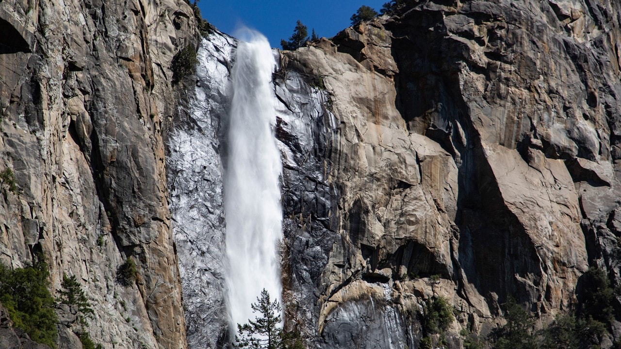 Bridalveil Fall plunges 620 feet into Yosemite Valley.