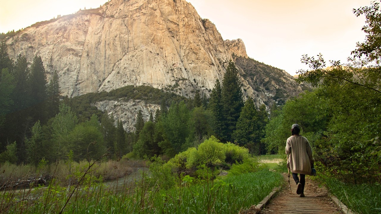 The 1.5-mile Zumwalt Meadow Trail passes by towering granite walls and runs along Kings River. 