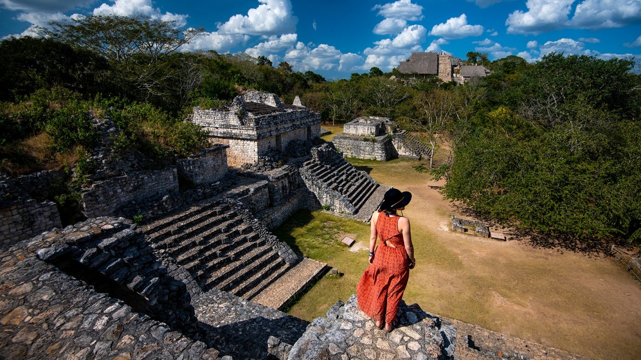 Writer Kassondra Cloos decends the Oval Palace at Ek Balam archaeological site in the state of Yucatán, Mexico.