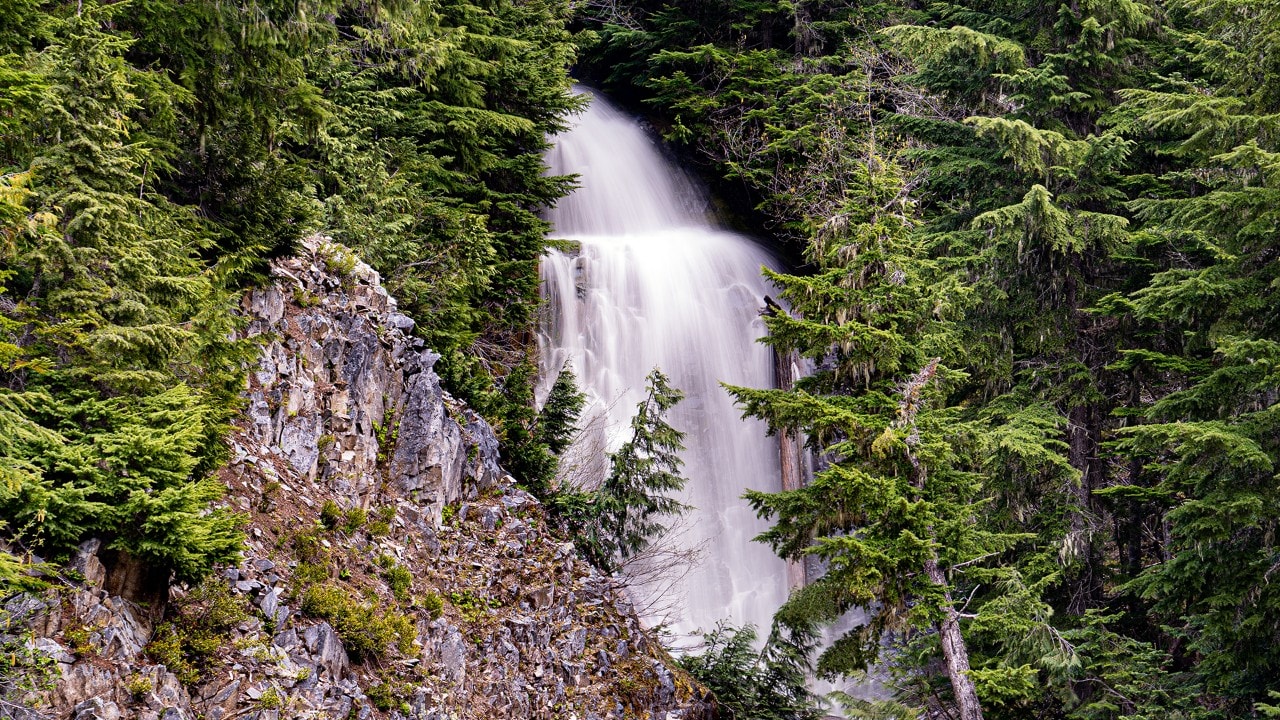 A waterfall thunders near the White River in Mount Rainier National Park.