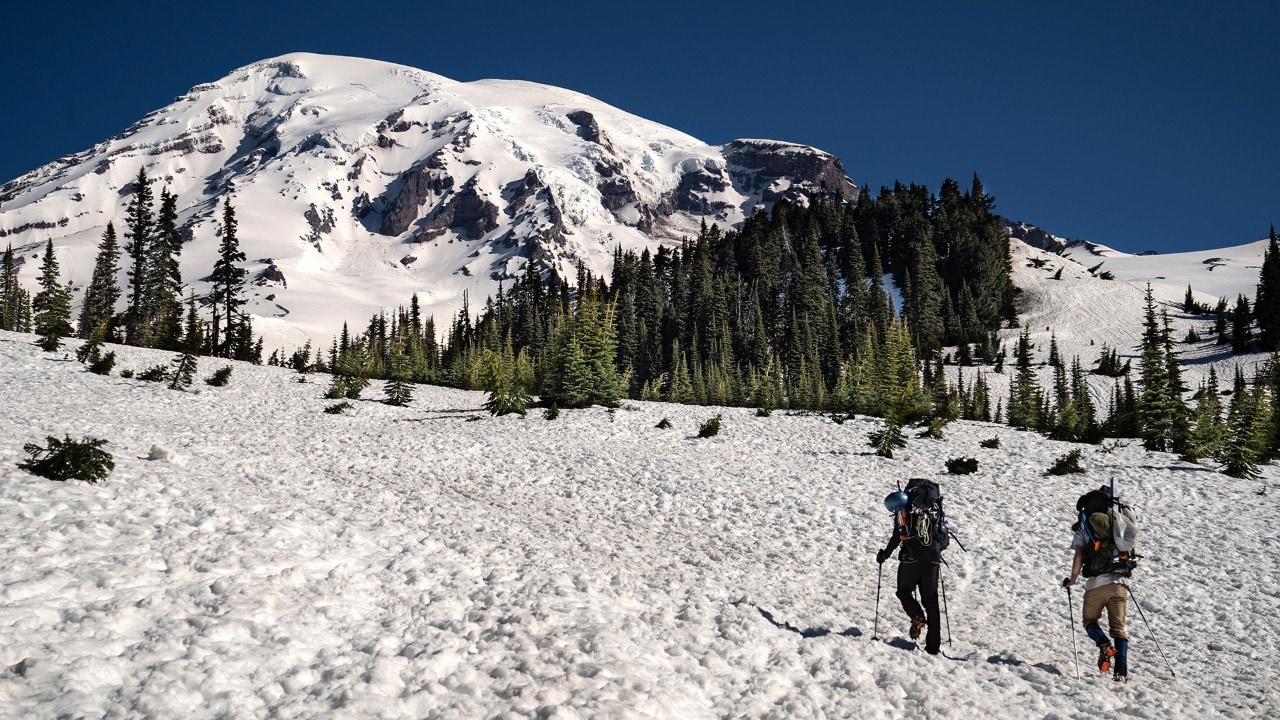 Climbers begin a trek up Mount Rainier.
