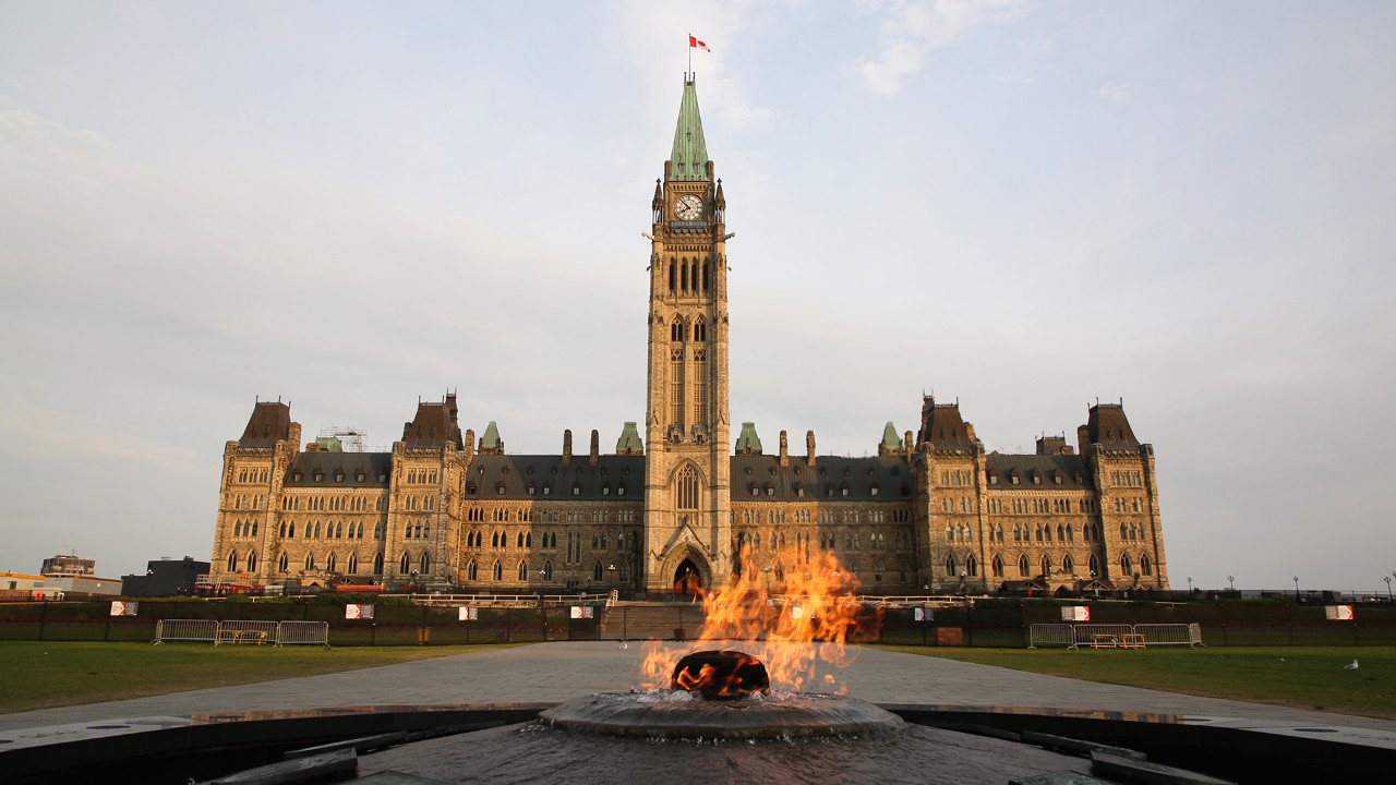 The Centennial Flame, which commemorates Canada's 100th anniversary as a Confederation, burns in front of the Centre Block building in Ottawa.