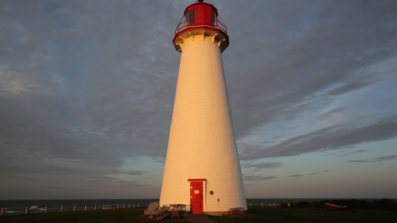 The sun rises on the Point Prim Lighthouse.