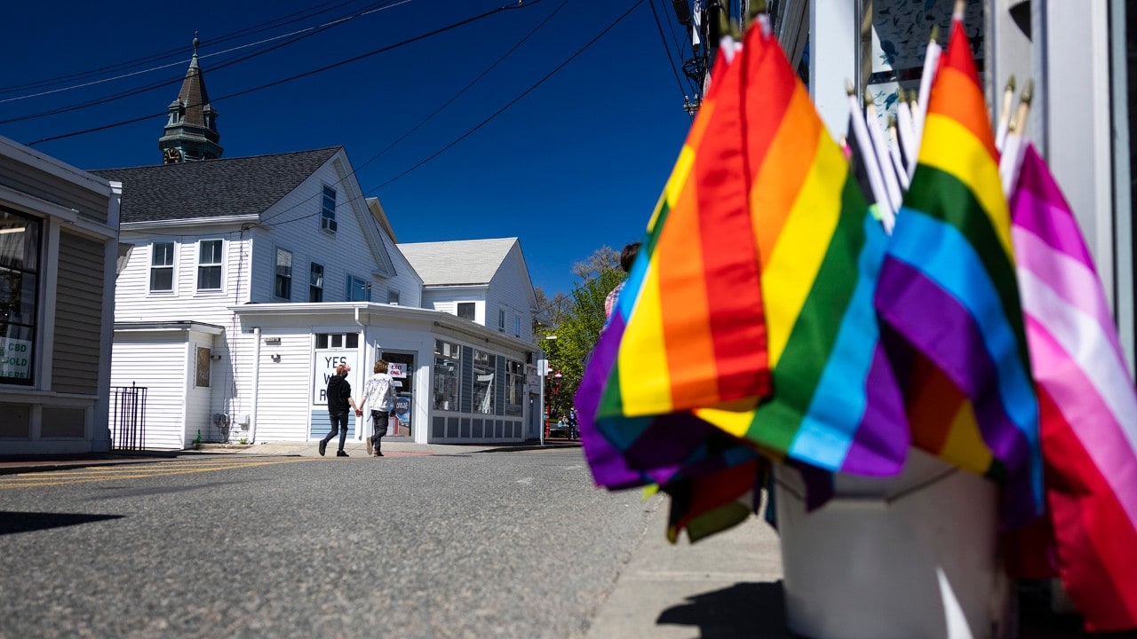 Pride flags adorn Commercial Street in Provincetown.