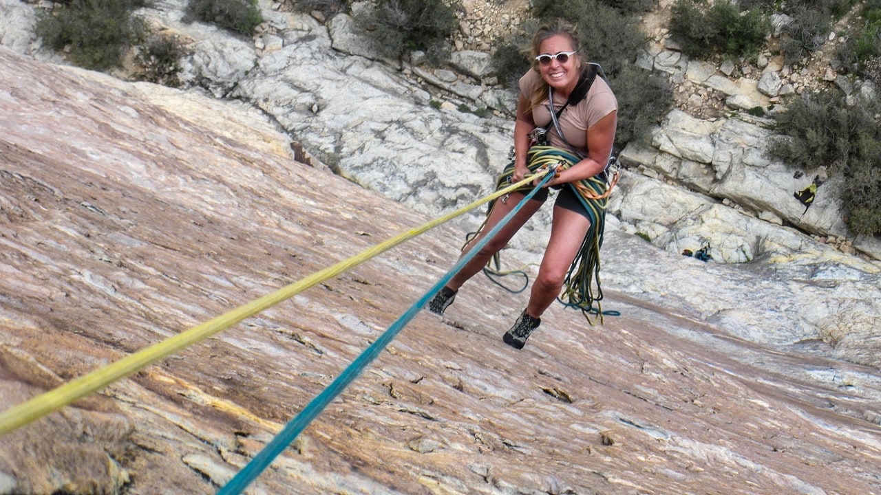 Tonya Clement rappels during a rock climb in Black Velvet Canyon.