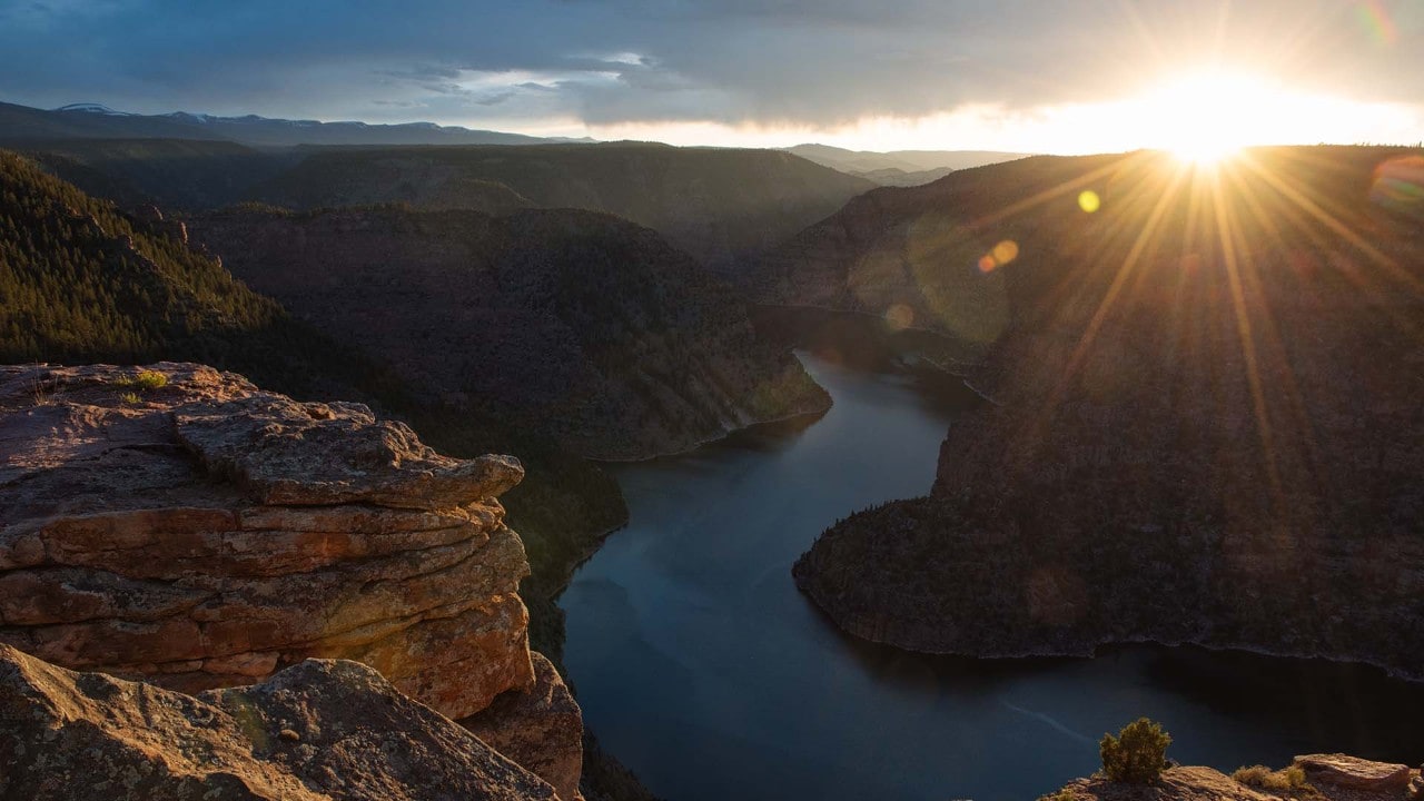 The sun sets on the Red Canyon Overlook, 1,700 feet above the Flaming Gorge Reservoir, near Dutch John, Utah.