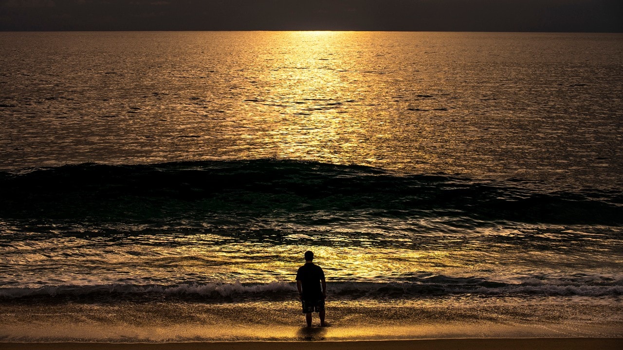 A man watches as waves roll in at sunset on Tortugueros Las Playitas in Todos Santos.