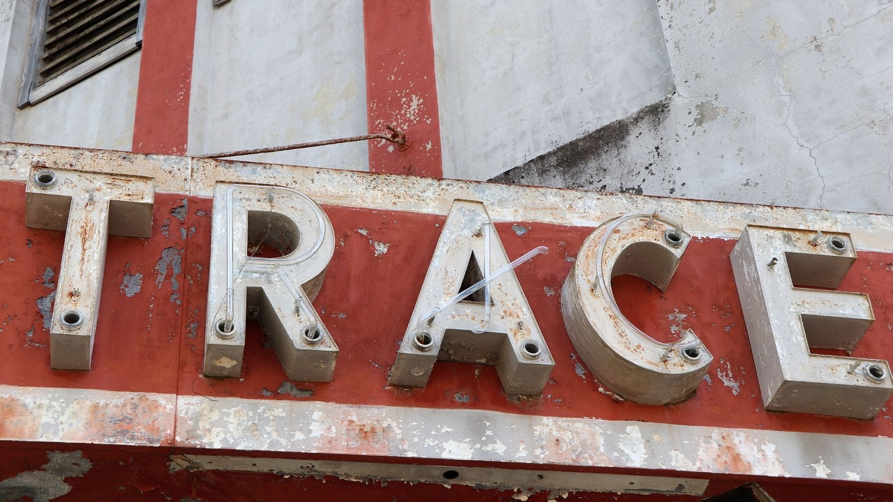The marque for the old Trace movie theater is part of the Port Gibson historic district.