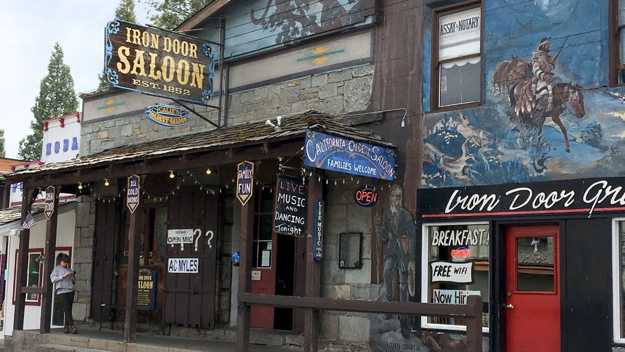 The historic Iron Door Saloon is a popular landmark in Groveland, California.