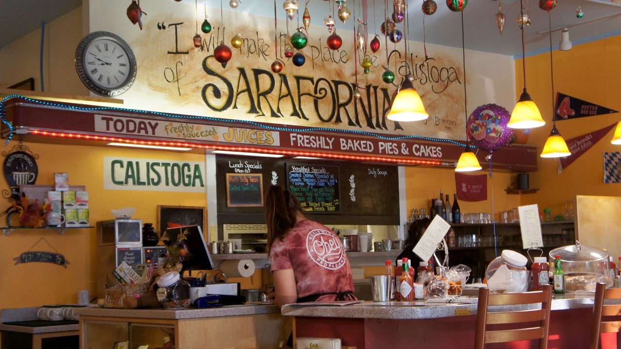 Sarafornia, named after a slip of the town founder's tongue, is a popular eatery in downtown Calistoga.