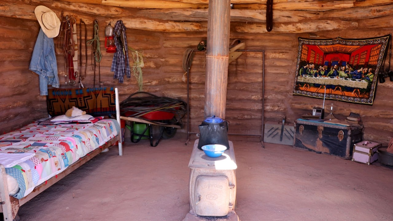 The visitor center at Canyon de Chelly features an example of a furnished Navajo hogan.