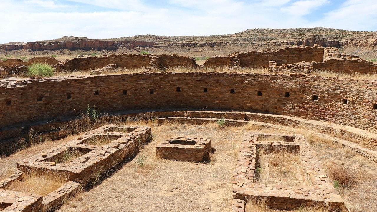 The complexes at Chaco Canyon include circular subterranean ceremonial chambers called kivas.