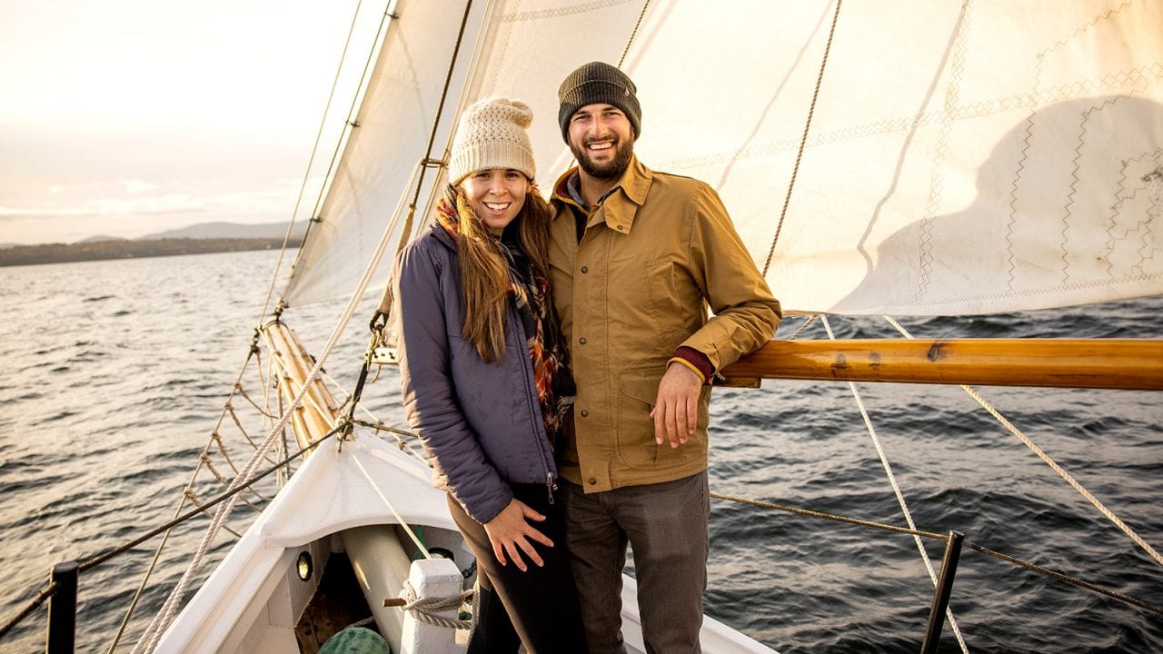 Michael Ciaglo and Sarah Lozano take a sunset cruise on the Schooner Suprise in Camden, Maine. Photo by Michael Ciaglo