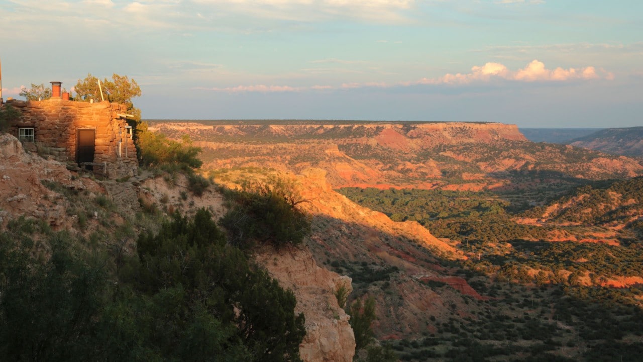 The sun sets on the Lighthouse cabin in Palo Duro Canyon State Park, Texas.