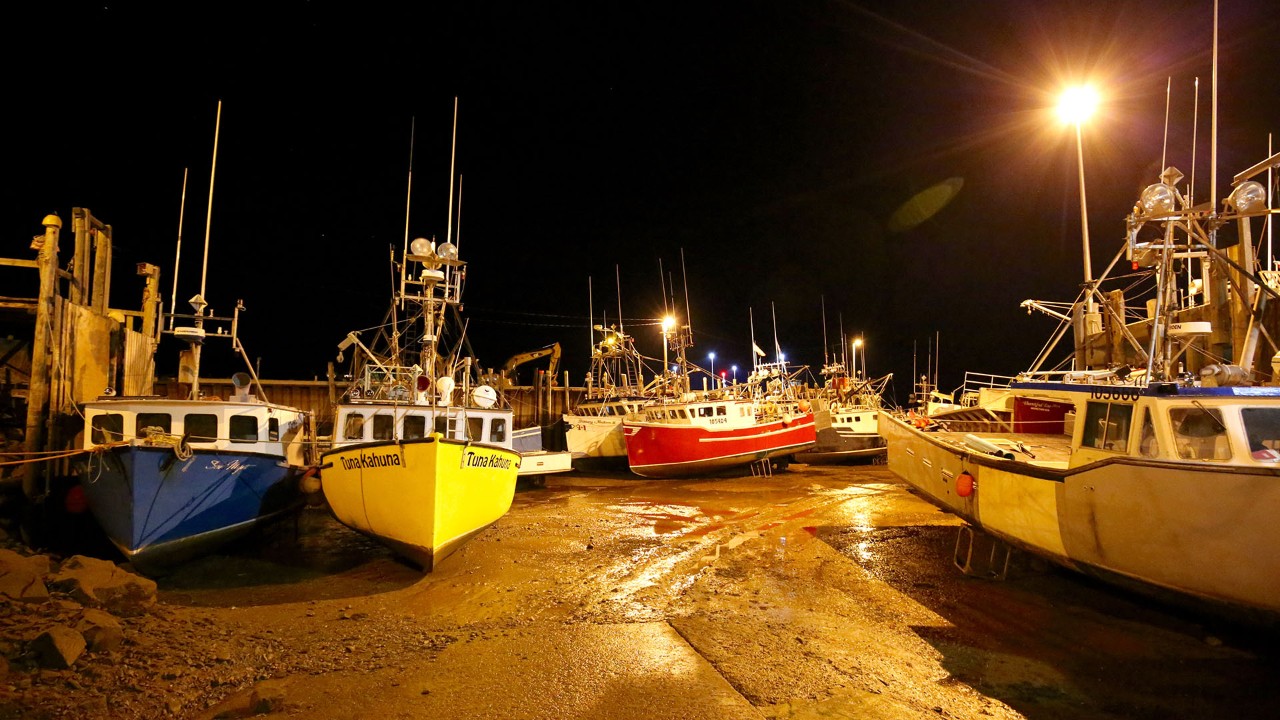 Boats rest on blocks in the harbor during low tide in Alma, New Brunswick.