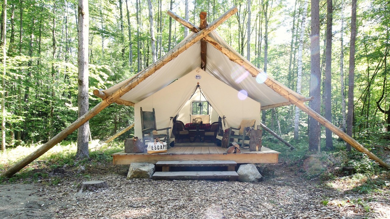 Cozy glamping accommodations at Posh Primitive in the Adirondacks.