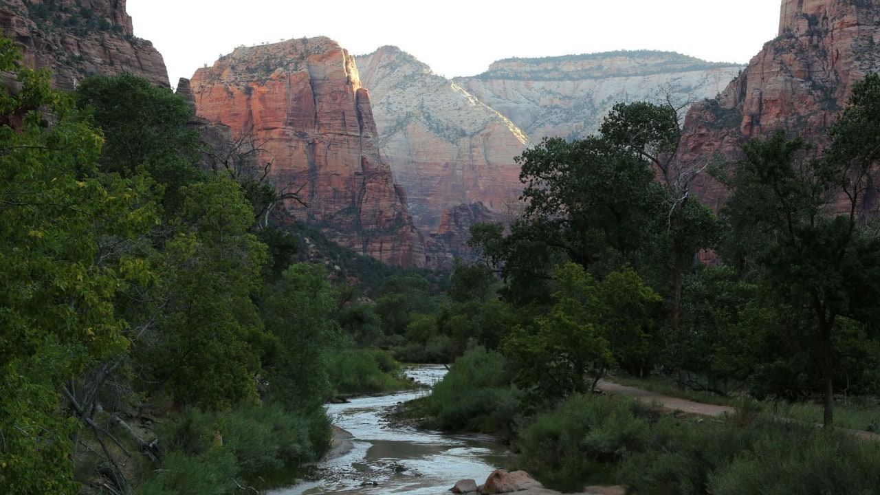 The Virgin River flows gracefully through the park as seen from the Emerald Pools Trail.