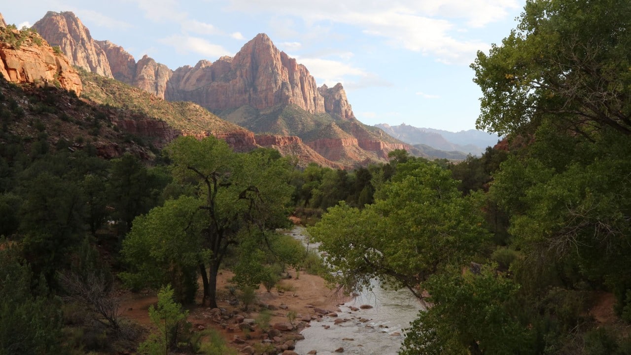 The Virgin River flows past the Watchman.