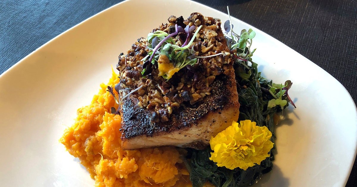Jail Island salmon at Tari's Cafe has a delicious pecan crust and comes with delectable ginger smashed sweet potatoes.