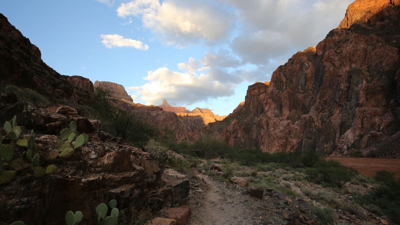 The Bright Angel Trail begins along the Colorado River.