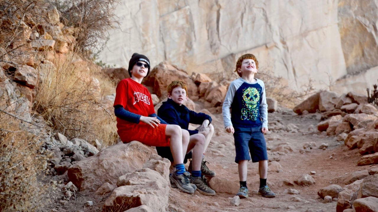 From left, Drew, Henry and Chas wait for their parents on the Bright Angel Trail in the Grand Canyon.