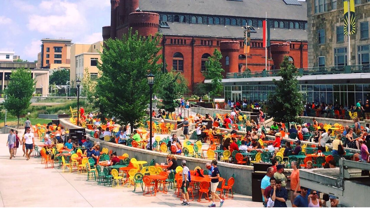 The Memorial Union Terrace features lake views and live bands.