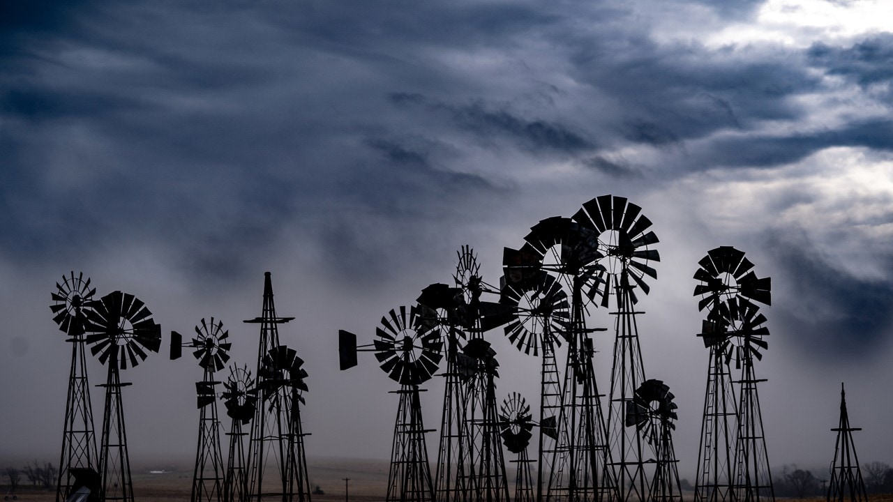 A collection of windmills at Downey Well Drilling in Merna, Nebraska.