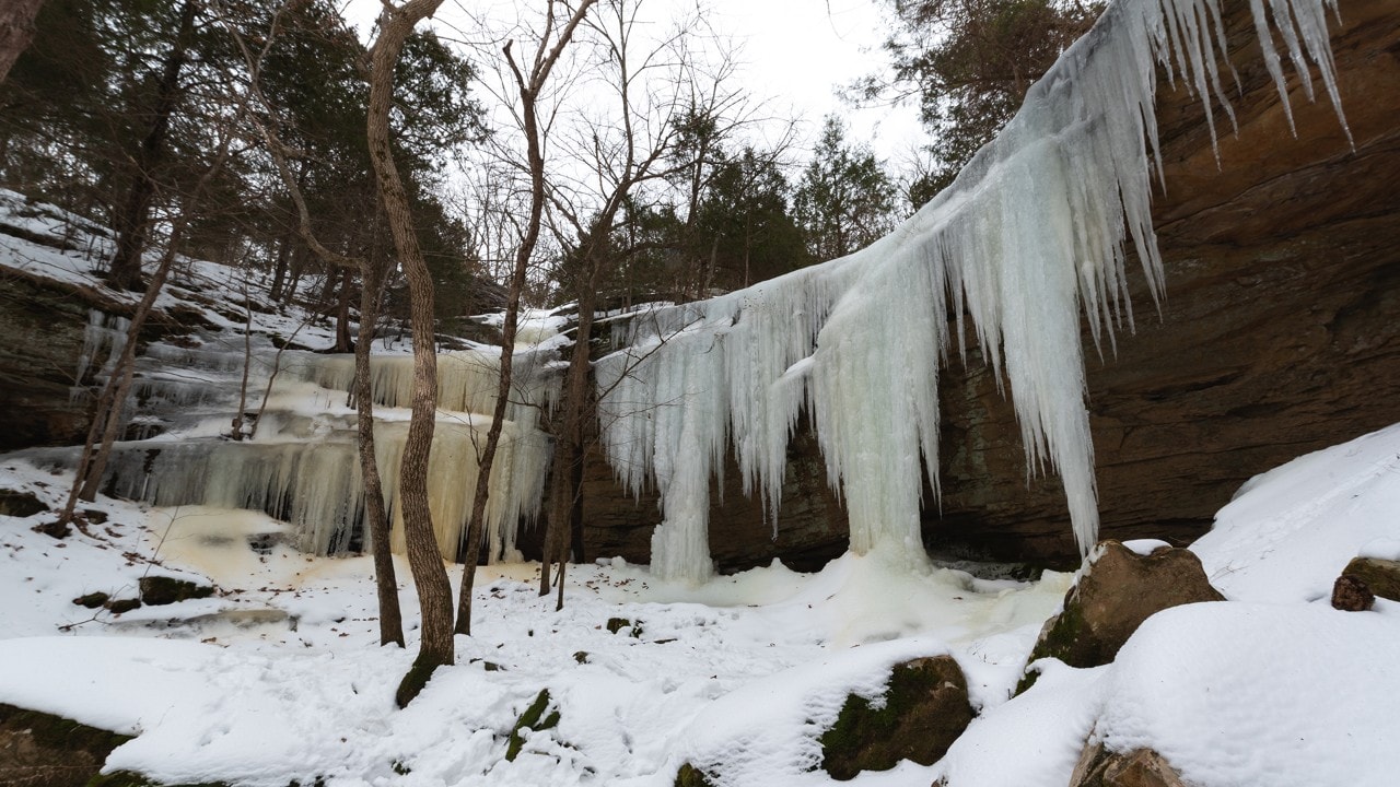 In winter, waterfalls freeze at Giant City State Park.