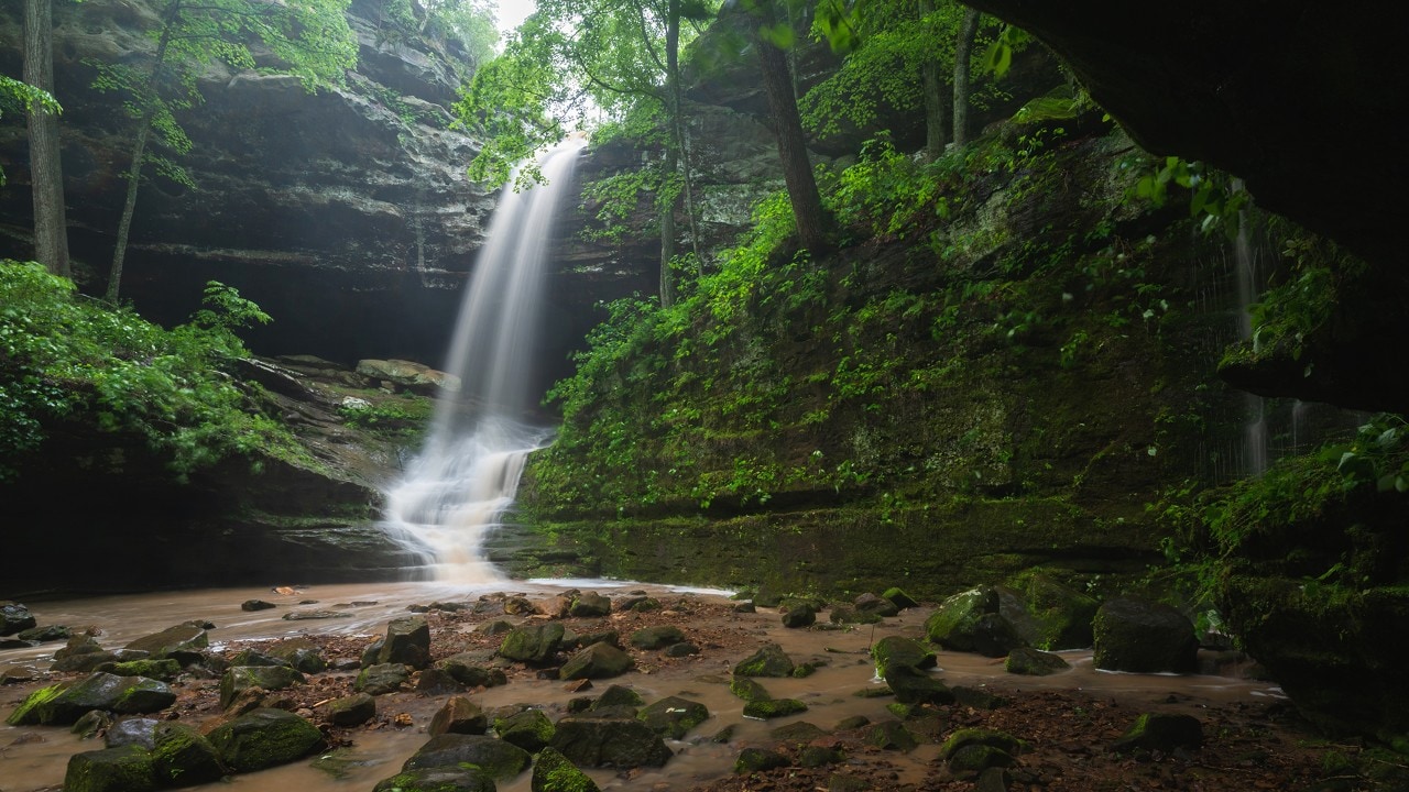 The Big Rocky Hollow Trail at at Ferne Clyffe State Park leads to a beautiful waterfall.