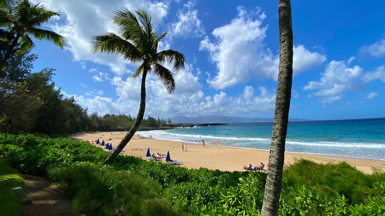 Beachgoers enjoy the sun and warm water at D.T. Flemming Park on Maui.