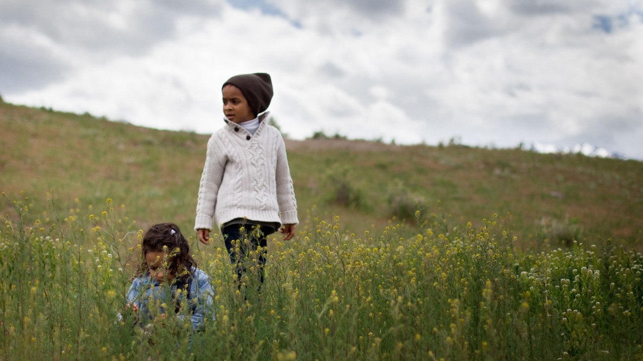 Paloma Ponce, 5, and Alessandro Ponce, 7, play in a field of wildflowers.