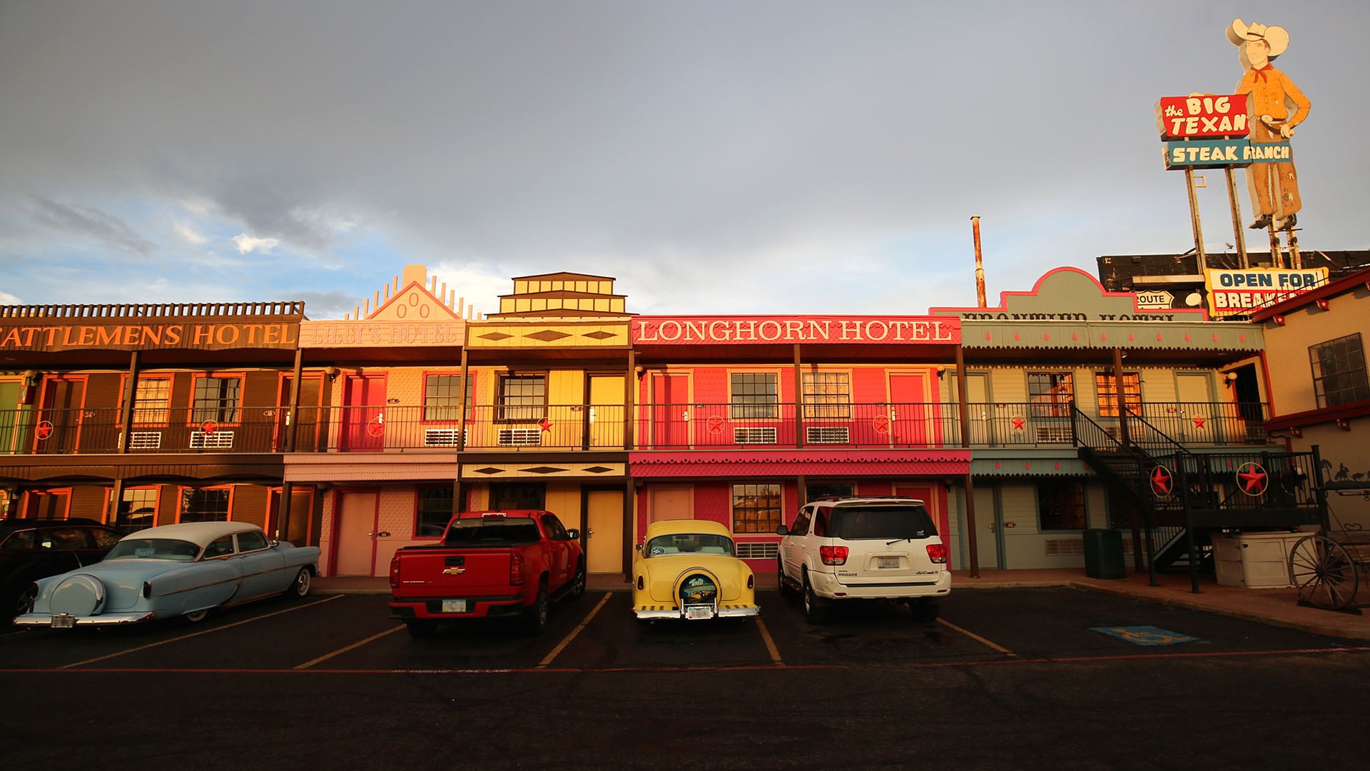 Big Texan Motel resembles Main Street in an Old West town. 