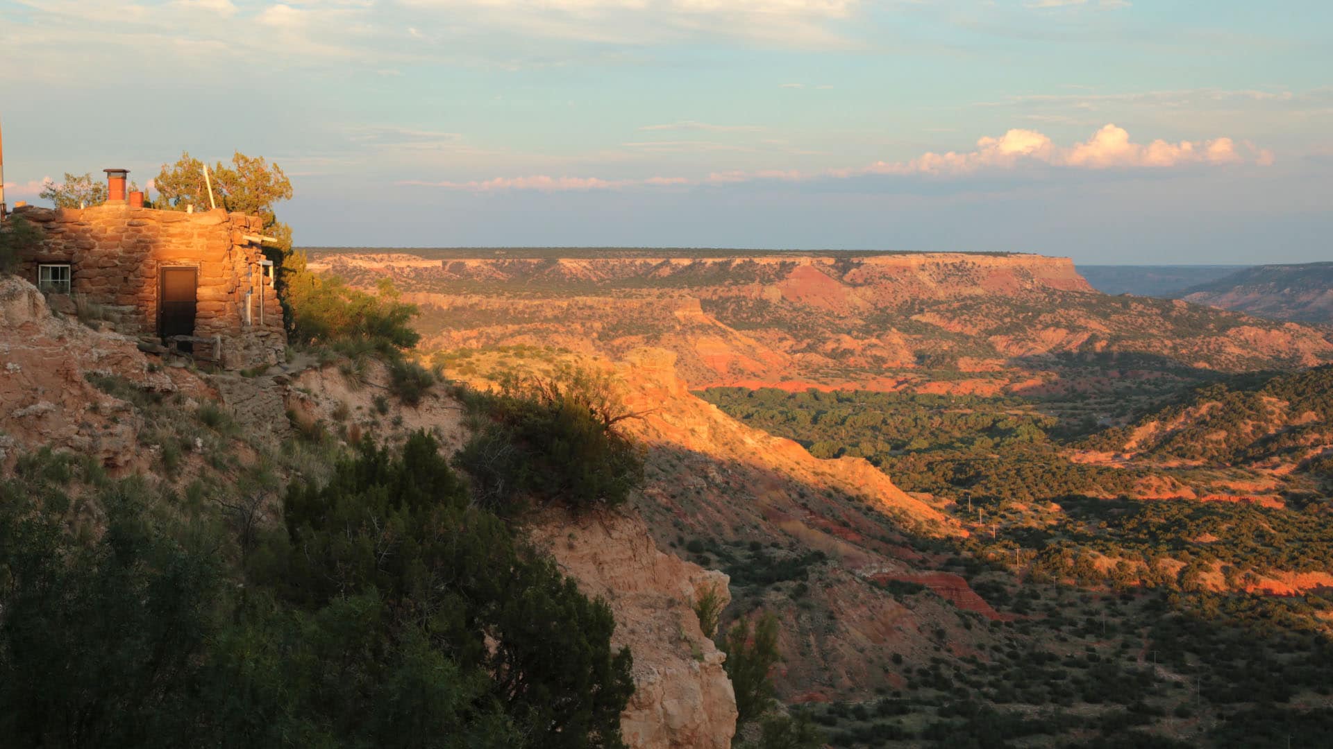The sun sets on the Lighthouse cabin in Palo Duro Canyon State Park, Texas.