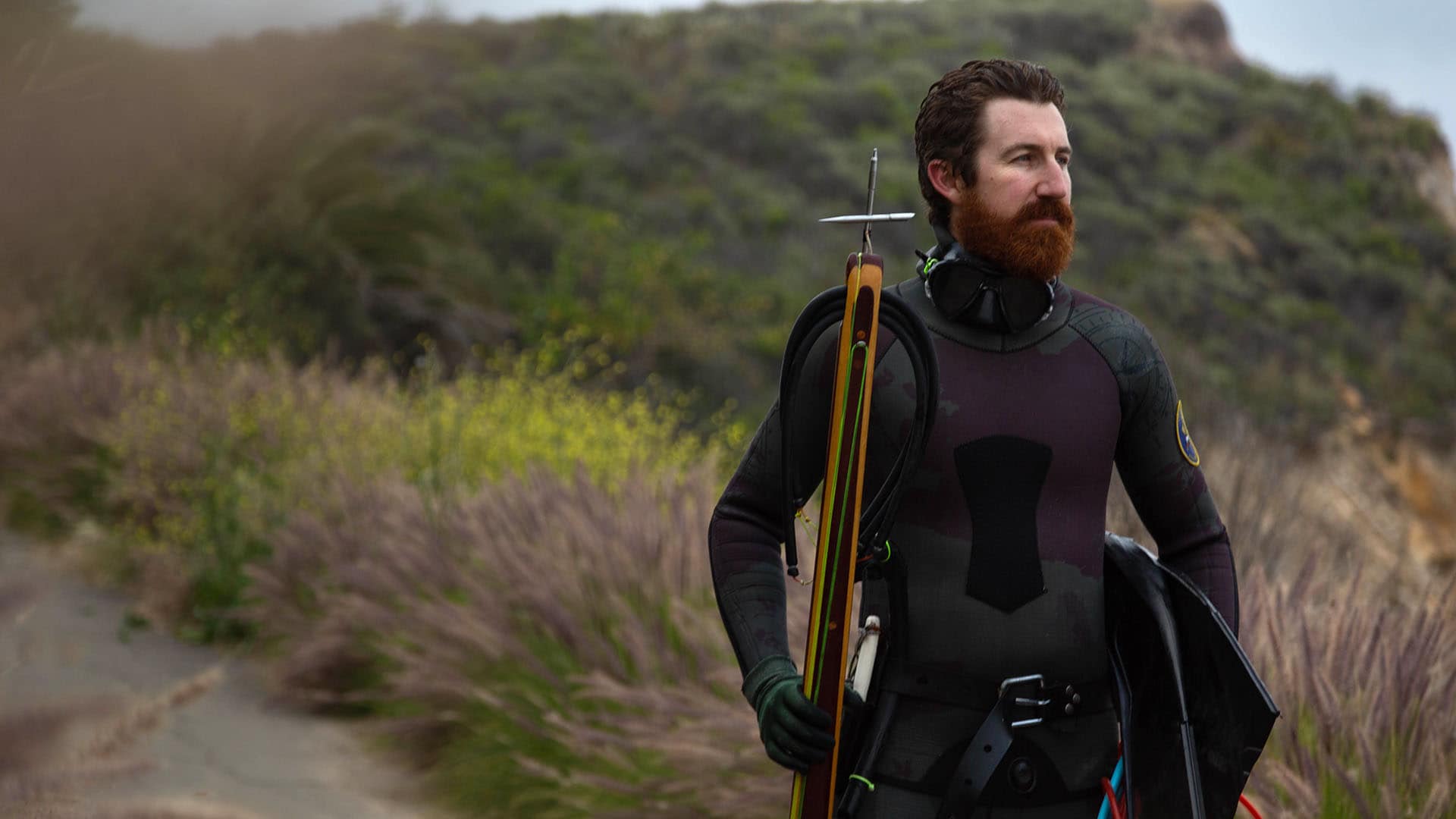 Adam Sachs prepares to go spearfishing off the coast of Santa Barbara, California.