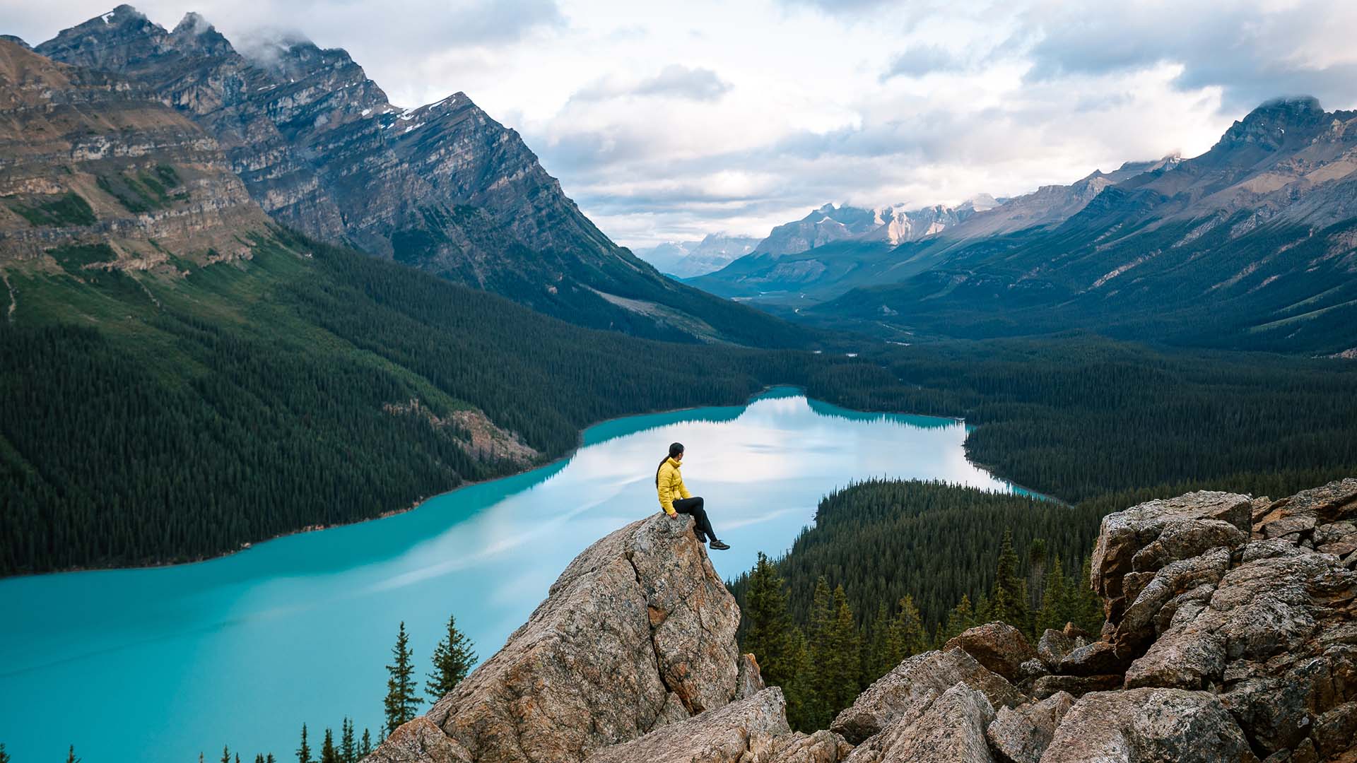 The author enjoys an early morning view of Peyto Lake in Banff National Park.