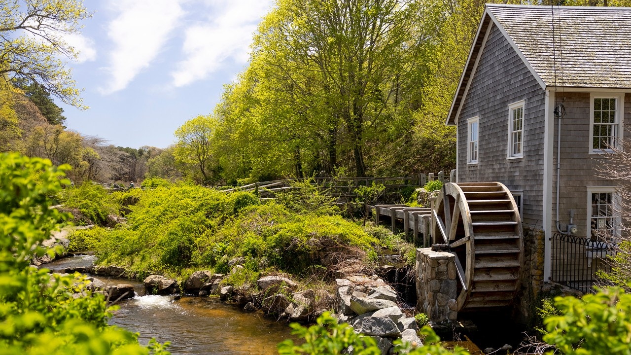 The Stony Brook Grist Mill sits next to Stony Brook where thousands of herring travel up the stream to spawn every spring in Brewster, Massachusetts. (Photo by Michael Ciaglo)