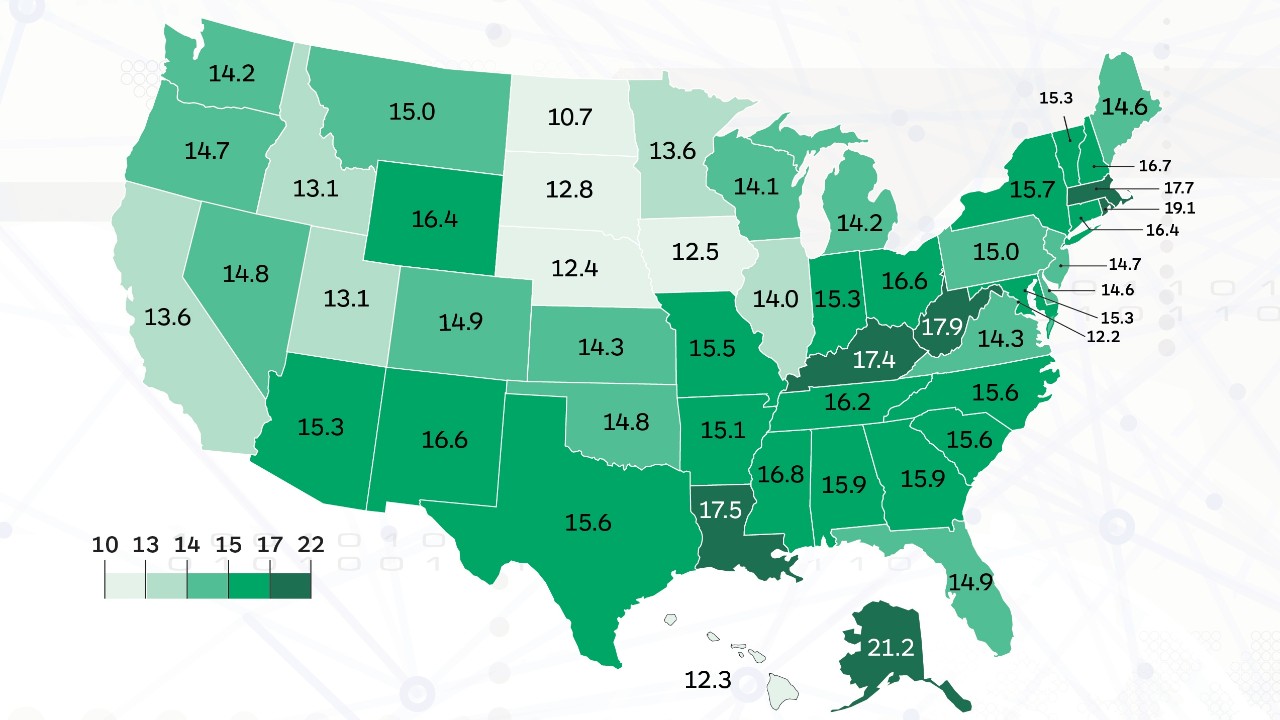 Unites States Map depicting the average number fo days people rent cars from in each state.