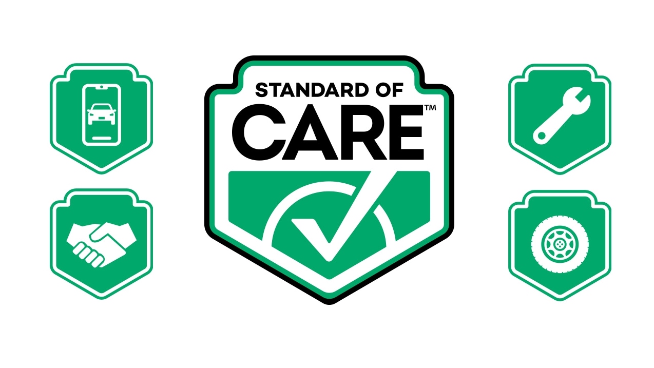 Standard of Care logo in the middle. Phone Icon on the top right, wrench icon on top left, Handshake icon on bottom right and wheel icon on bottom right.
