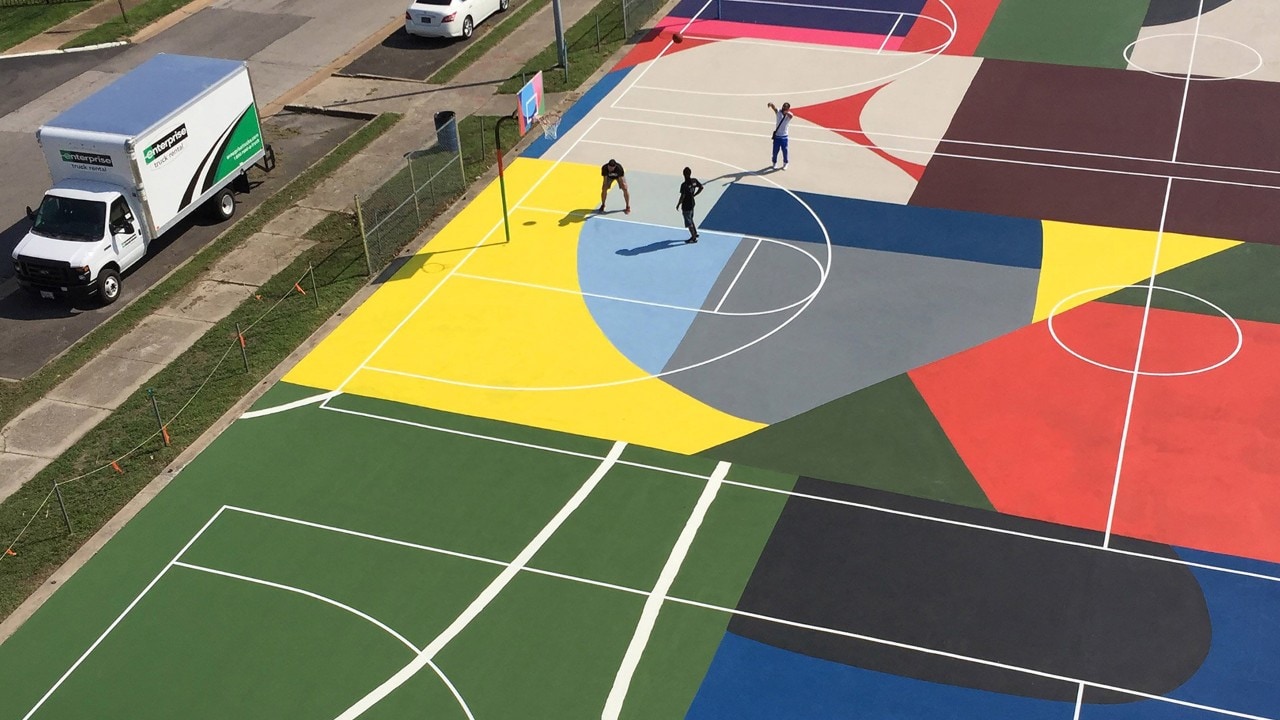 An aerial look at the finished court.