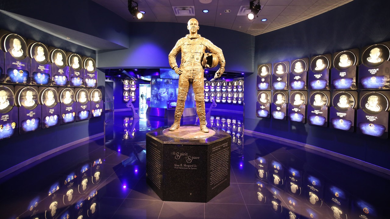 A statue of Alan B. Shepard Jr. greats visitors to the U.S. Astronaut Hall of Fame® at the Kennedy Space Center.