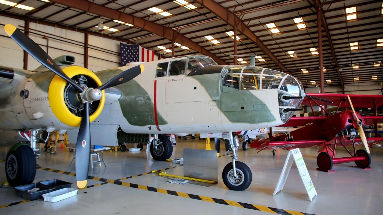A B25J Mitchell (left) and a Fokker Dr.1 are part of the collection.