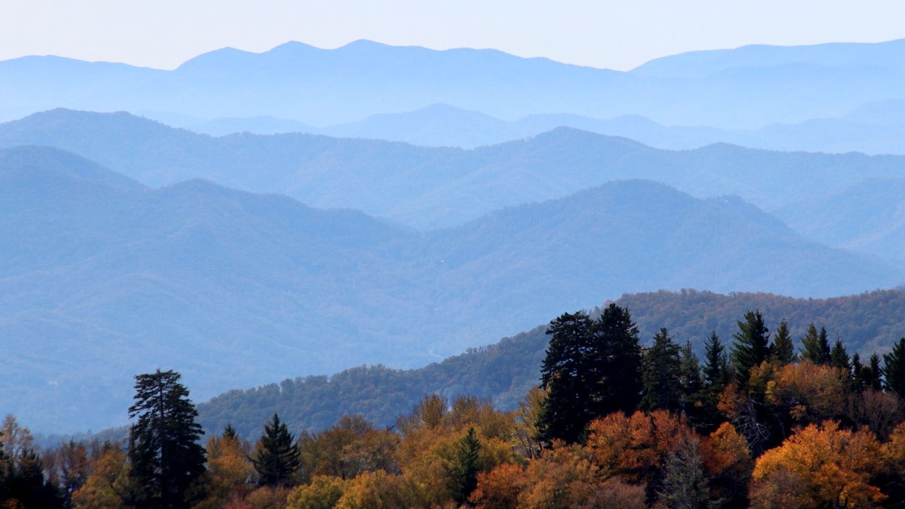A hint of autumn adds to the ridegetop views of Great Smoky Mountains National Park.