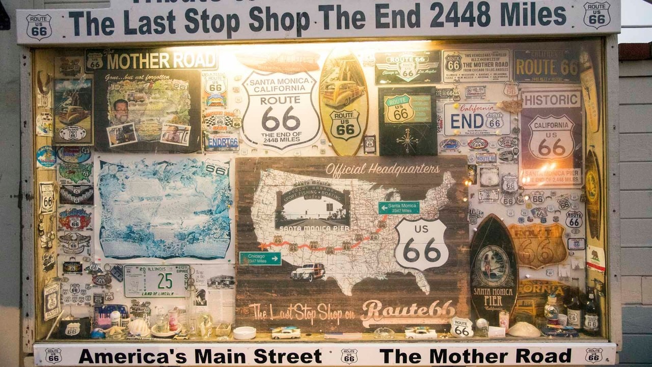 This tribute to Robert Walmire, the American artist known for his Route 66 work, adorns the outside wall of The Last Stop Shop on the Santa Monica Pier